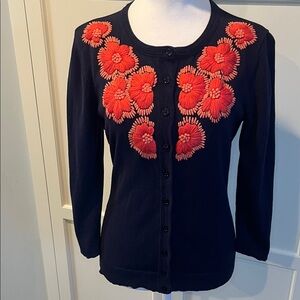 Tabitha for Anthropologie Firebloom Emroidered Coral Navy 3/4 Sleeve Cardigan, M